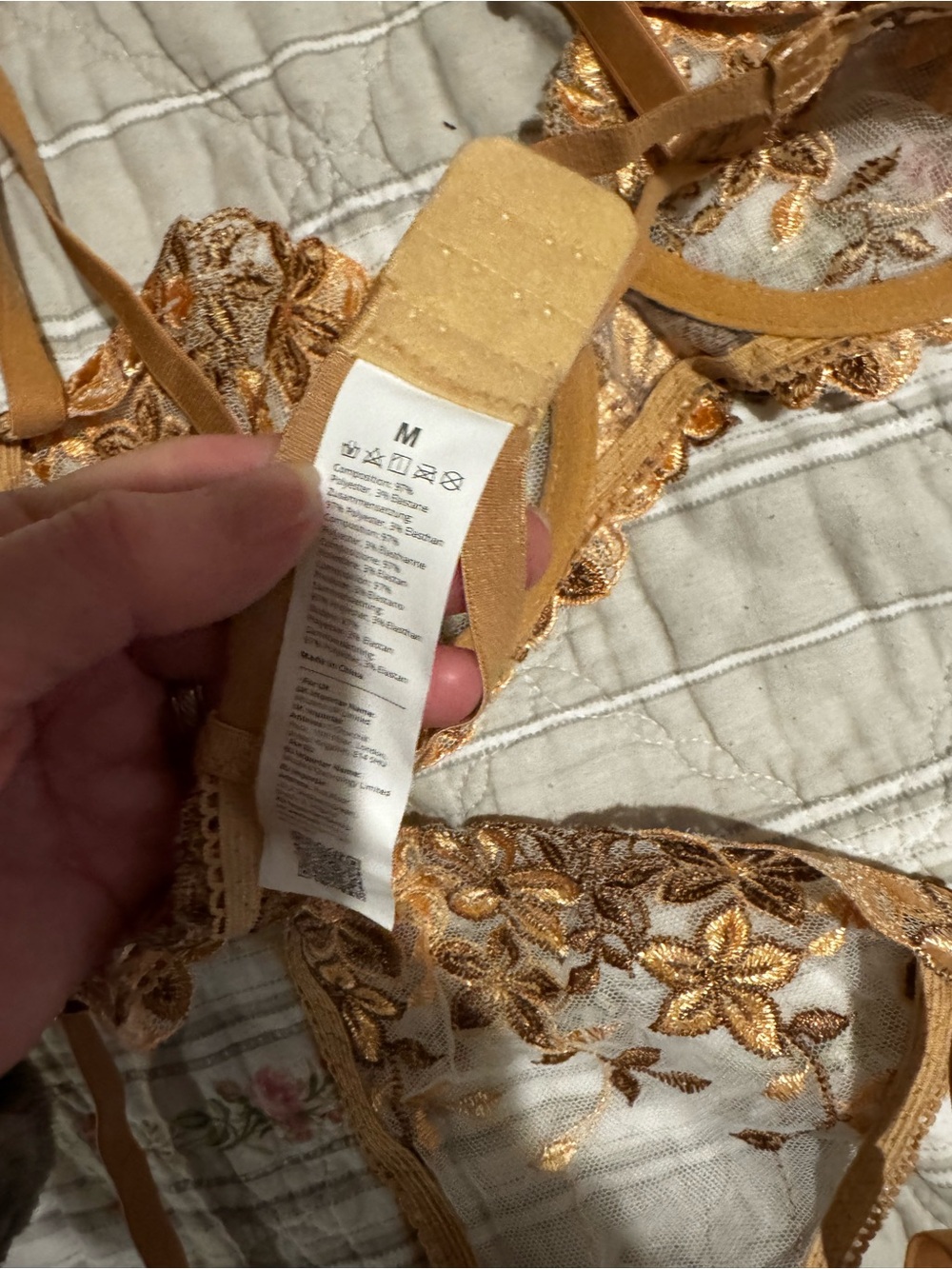 Gold Floral Embroidered Sheer Lace Bra & Thong Set - Women Intimates - Picture 7 of 7